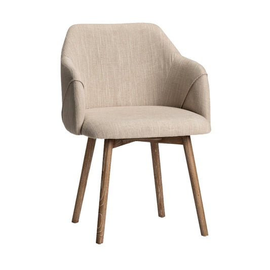 Mercana Ronald II cream fabric wrap dining chair with modern beechwood frame and plush cushioned seat.