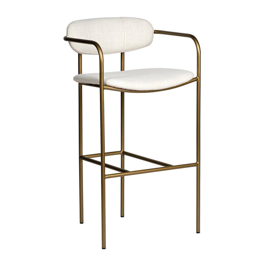 Mercana Parker III cream fabric bar stool with antiqued gold finish, modern coastal design, featuring a cushioned seat and sleek metal legs.