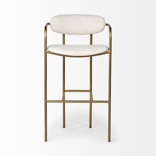 Mercana Parker III cream fabric bar stool with antiqued gold accents and modern coastal design, featuring a cushioned seat and sleek frame.