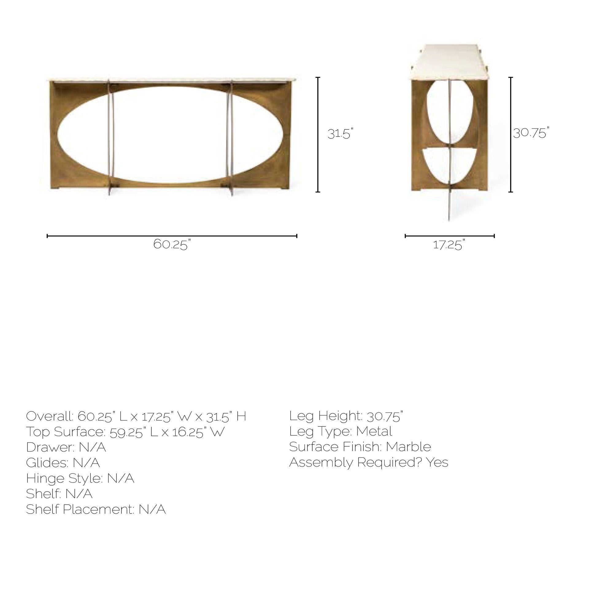 Reinhold IV White Marble Top Gold Metal Base Console Table