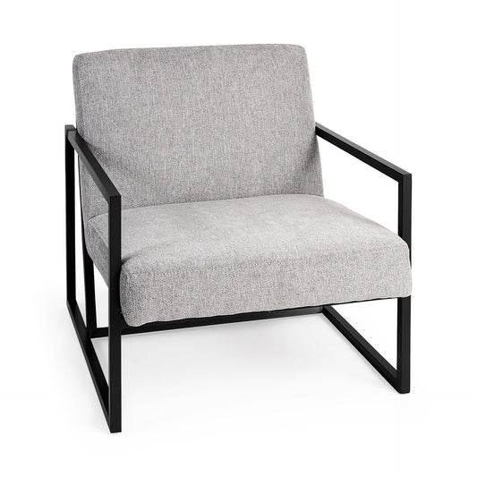 Mercana Armelle gray fabric accent chair with a modern design and comfortable seat, set against a neutral background.