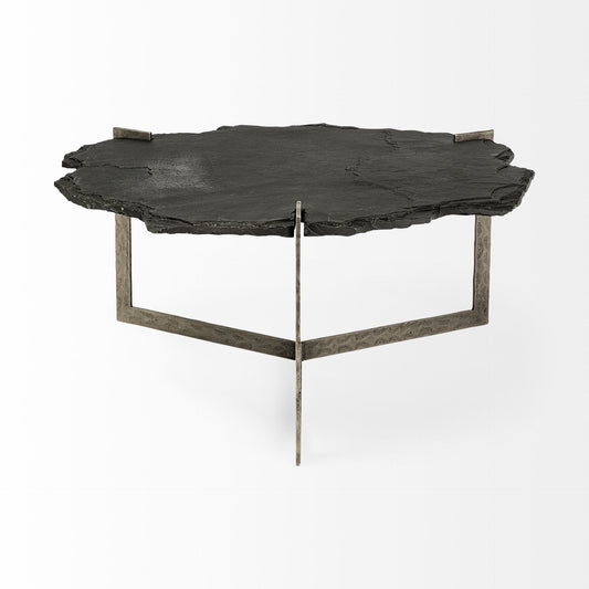 Shale Irregular Live-Edge Black Slate w/Flat Iron Base Coffee Table - Elite Maison