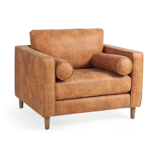 Loretta Cognac Brown Faux Leather Chair w/ 2 Bolster Cushions - Elite Maison