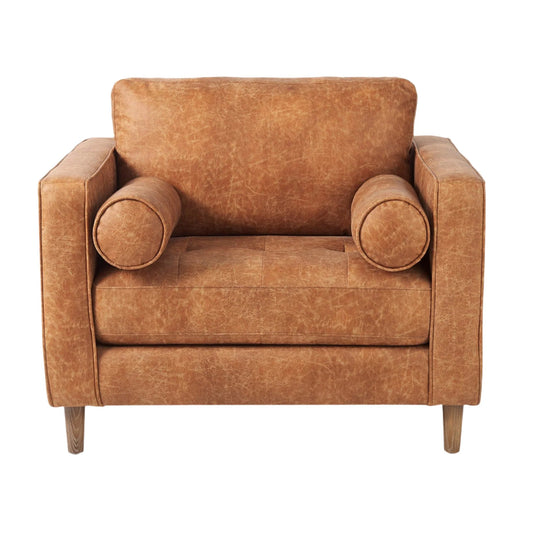 Loretta Cognac Brown Faux Leather Chair w/ 2 Bolster Cushions - Elite Maison
