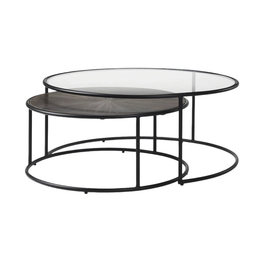 Set of 2 Mercana brown wood and glass coffee tables with modern design and sleek finishes, showcasing elegant craftsmanship.