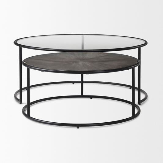 Set of 2 Mercana brown wood and glass coffee tables with modern design, showcasing sleek lines and elegant finish.