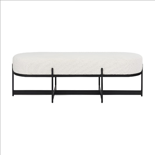 Amelia cream boucle upholstered bench by Mercana with a soft, textured fabric and elegant design, perfect for any room.