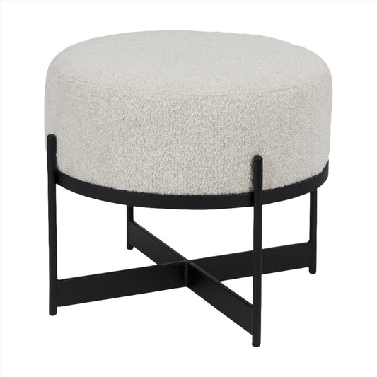 Amelia cream boucle upholstered pouf by Mercana, featuring a textured fabric and round shape, perfect for any living space.