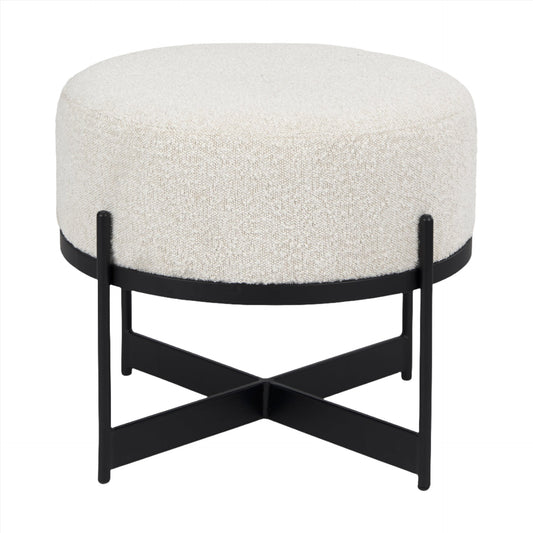 Amelia cream boucle upholstered pouf by Mercana, featuring a textured round design perfect for modern interiors.