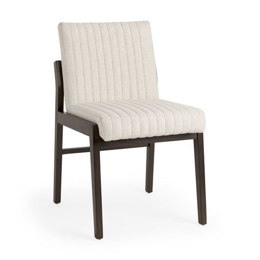 Mercana Tahoe Cream upholstered armless dining chair with modern architectural design, featuring plush fabric and sleek wooden legs.