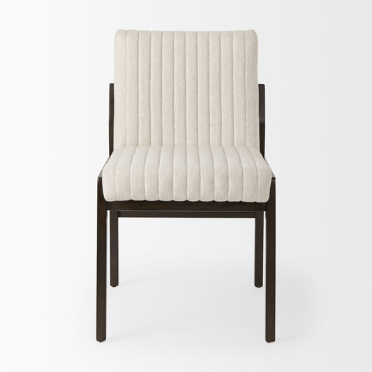 Mercana Tahoe Cream upholstered armless dining chair with modern architectural design, showcasing plush fabric and sleek wooden legs.