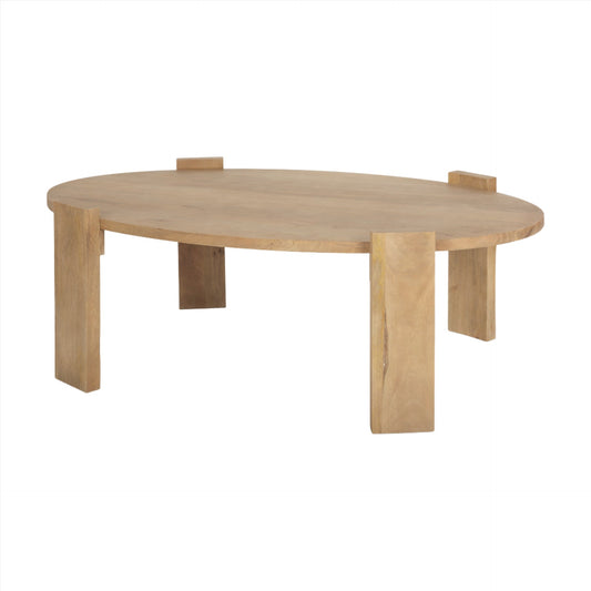 Mercana Evelyn round coffee table with organic wood finish, modern centerpiece design, natural wood grain and sleek round shape.
