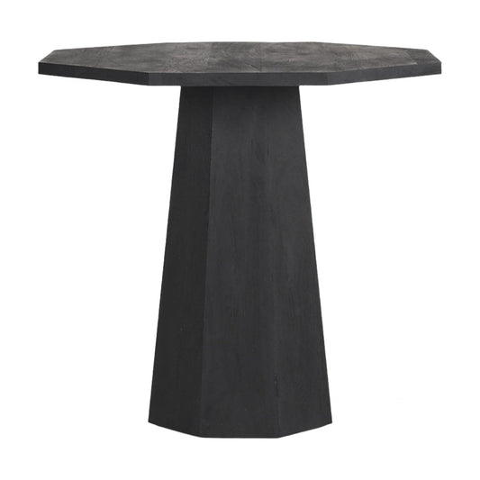 Maxine Hexagonal Dark Wood Foyer Table by Mercana, geometric pedestal accent table with a modern hexagonal design and natural wood finish.