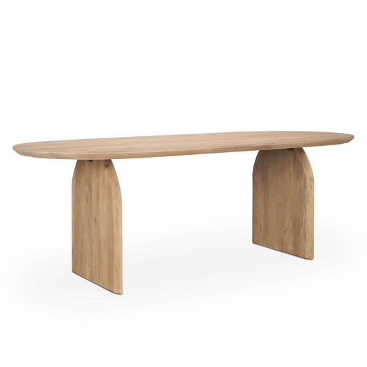Modern Isla oval wood dining table by Mercana with sleek architectural design and a polished surface.