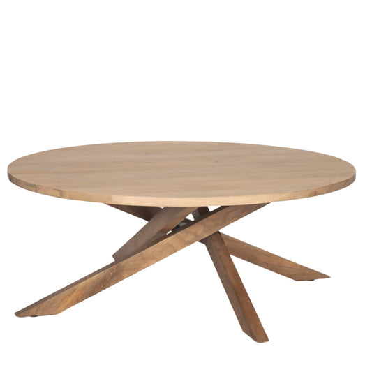 Solana light brown wood coffee table by Mercana, modern round solid wood centerpiece with smooth finish and contemporary design.