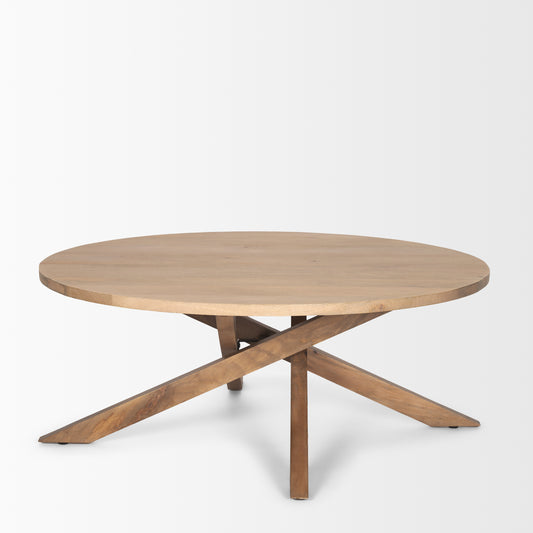 Solana light brown wood coffee table by Mercana, modern round solid wood centerpiece for living room decor.