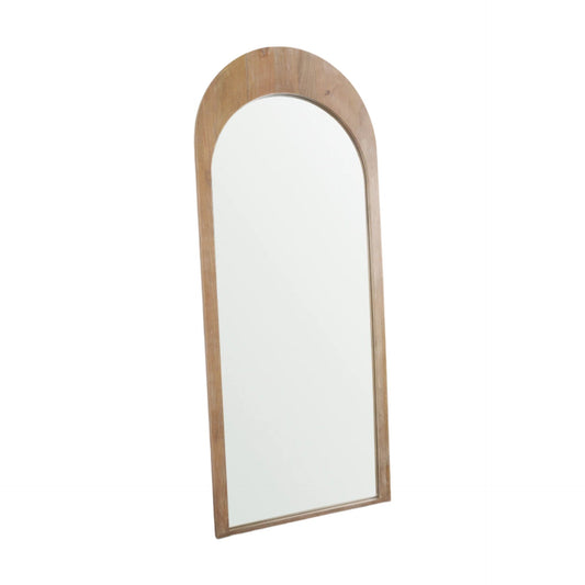Mercana Celeste Wood Arched Floor Mirror with elegant wooden frame and tall arched design, standing upright in a modern setting.