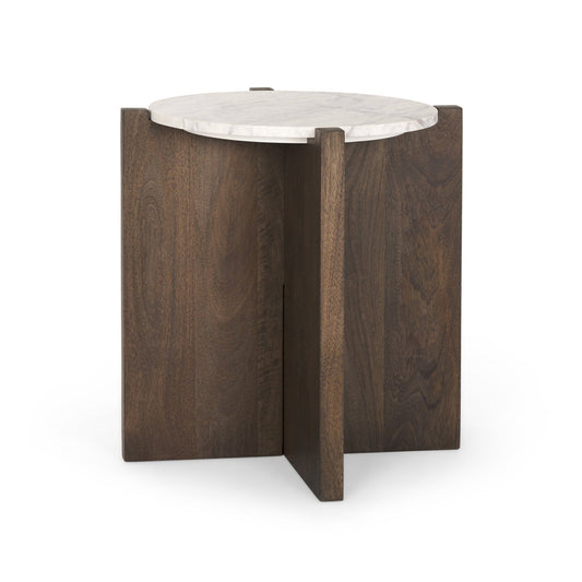 Bianca Dark Brown Wood w/ Marble Round Accent Table - Elite Maison