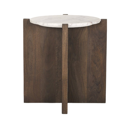 Bianca Dark Brown Wood w/ Marble Round Accent Table - Elite Maison