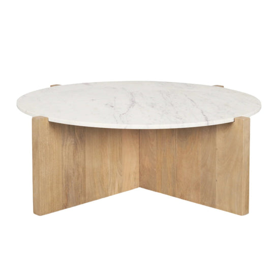 Mercana Bianca wood coffee table with round marble top, modern design, featuring a stylish wooden base and smooth marble surface.