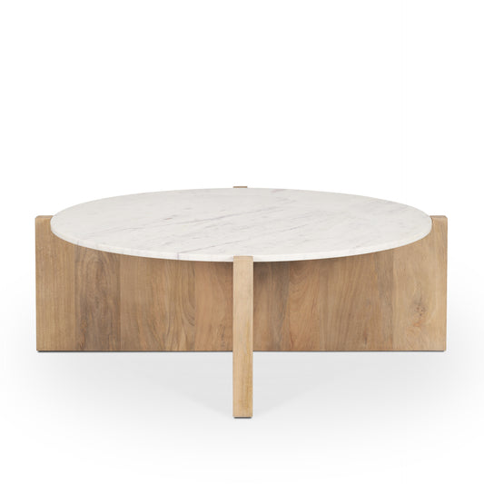 Mercana Bianca wood coffee table with round marble top and wooden legs, modern living room decor piece.