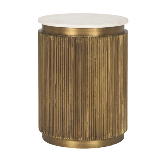 Satima White Marble w/ Gold Metal Round Fluted Accent Table - Elite Maison