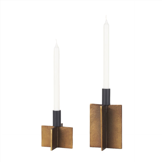 Set of two Mercana Pia candle holders in matte black metal with architectural modern design, perfect as stylish accessories.