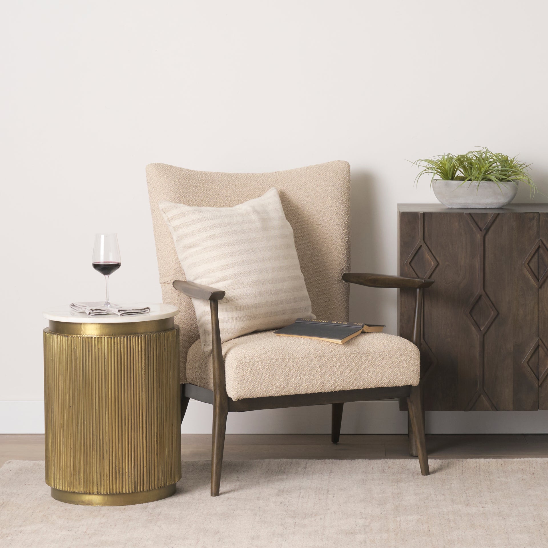 Satima White Marble w/ Gold Metal Round Fluted Accent Table