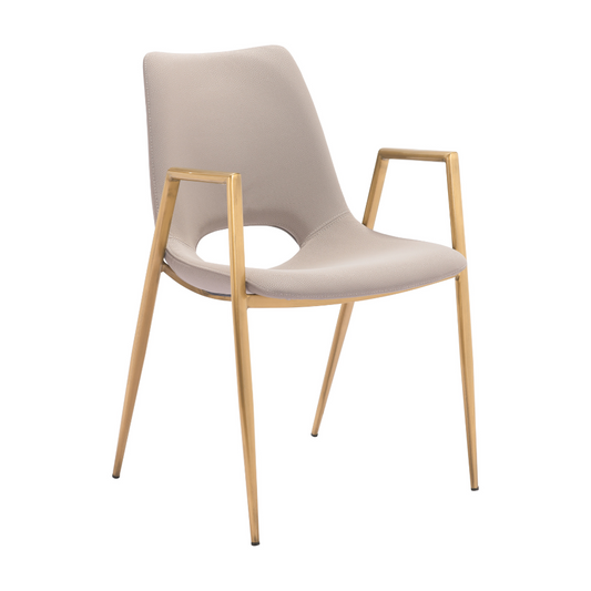 Set of two Zuo Desi dining chairs in beige with gold accents, showcasing elegant upholstery and modern design.