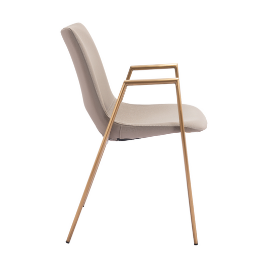 Set of two Zuo Desi dining chairs with beige upholstery and gold accents, showcasing elegant modern design
