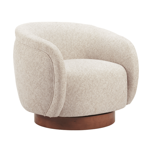 Beige Zuo Vinta swivel accent chair with modern architectural design and sleek rounded shape.