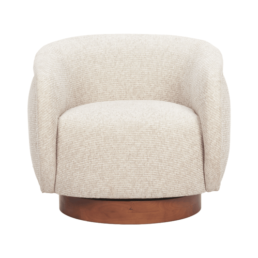 Zuo Vinta beige swivel accent chair with modern architectural design, featuring a curved backrest and sleek metal base.