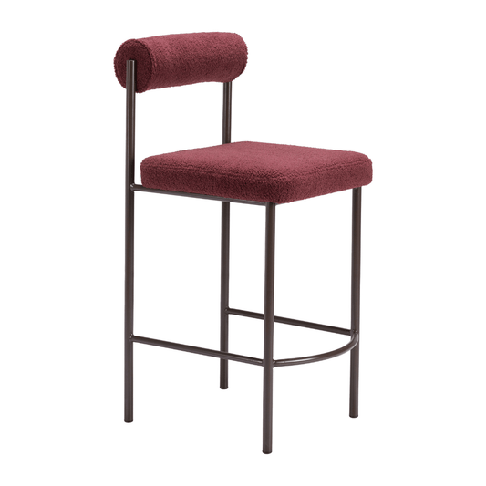 Set of two Zuo Livorno counter stools with red and bronze modern industrial design, featuring crimson upholstered seats and metal bases.