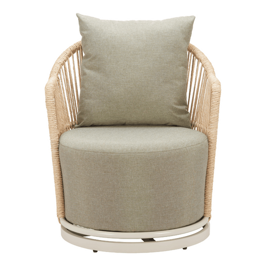 Zuo Lanai swivel chair with multicolor woven fabric and sleek metal base, modern design suitable for indoor or outdoor use.