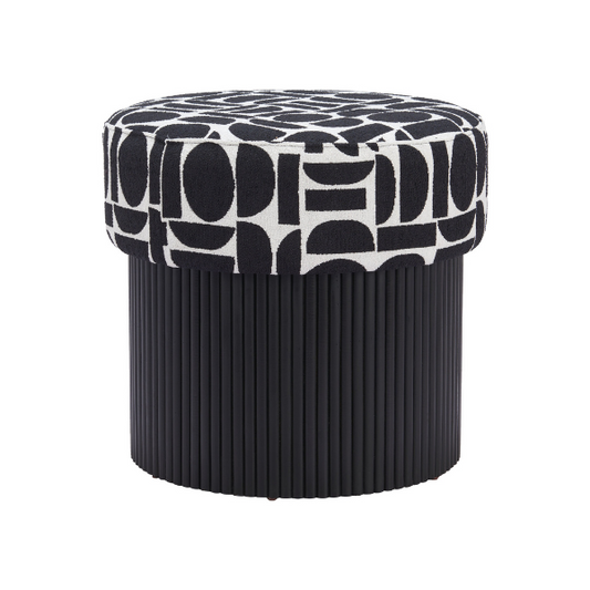 Zuo Boto storage ottoman in black and white high-contrast fabric with solid wood structure, showing the ottoman's design and texture.