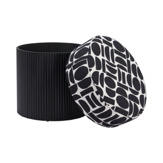 Black and white Boto Storage Ottoman by Zuo with high-contrast fabric and solid wood structure, versatile for living rooms and bedrooms.