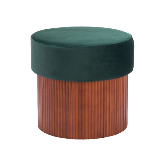 Green Boto Storage Ottoman by Zuo with emerald fabric upholstery and natural wood legs, serving as a stylish bench or storage solution.