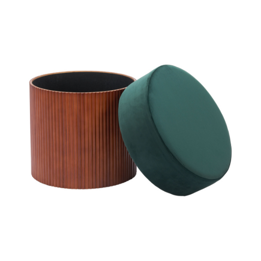 Green Boto Storage Ottoman by Zuo with emerald fabric and natural wood legs, serving as a stylish bench and storage solution.