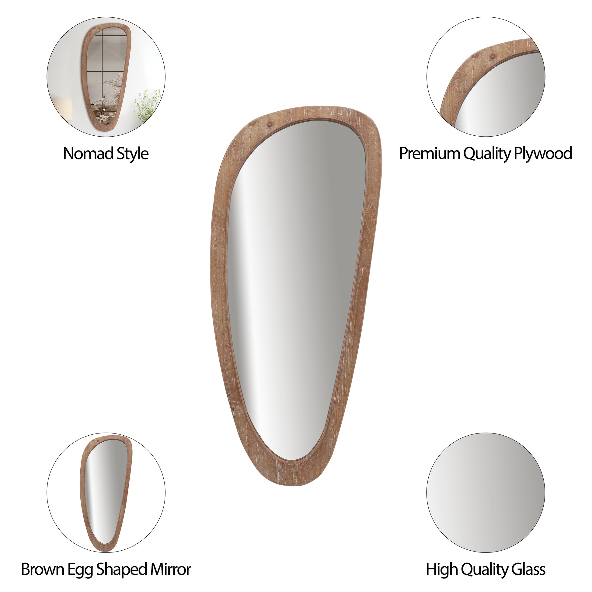 Wood, 15x36 Egg Shaped Mirror, Brown Wb - Elite Maison