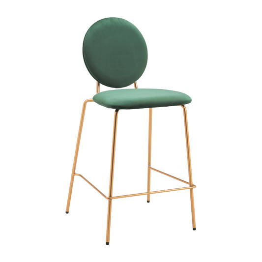 Set of 2 Zuo Odessa counter stools in green and gold, featuring a modern design and cushioned seats.