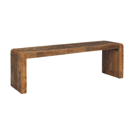 Rustic brown Mercana bench with a sturdy design, showcasing wood texture and a comfortable seating area.