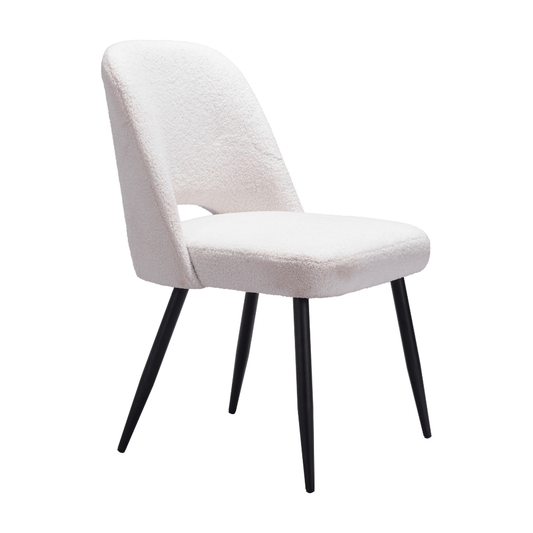 Ivory Teddy dining chairs from Zuo, shown in a set of two, featuring soft upholstery and modern design.