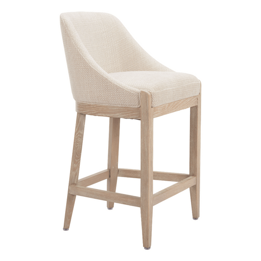 Zuo Calmo beige counter stool with modern design, featuring a cushioned seat and sleek metal legs for contemporary dining spaces.