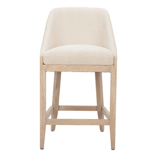 Zuo Calmo beige counter stool with a modern design, featuring a cushioned seat and sleek wooden legs for contemporary dining spaces.