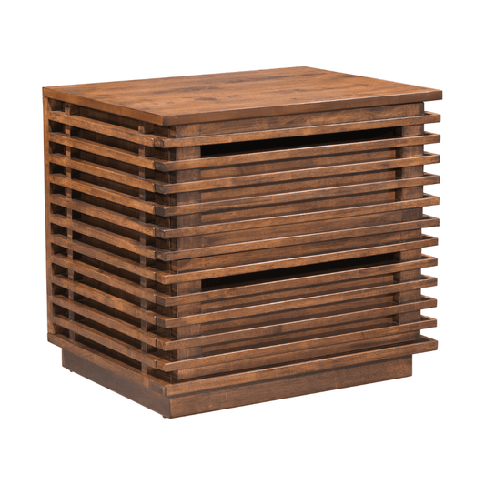 Walnut Linea End Table by Zuo, showcasing a modern nightstand design with clean lines and a rich wood finish.
