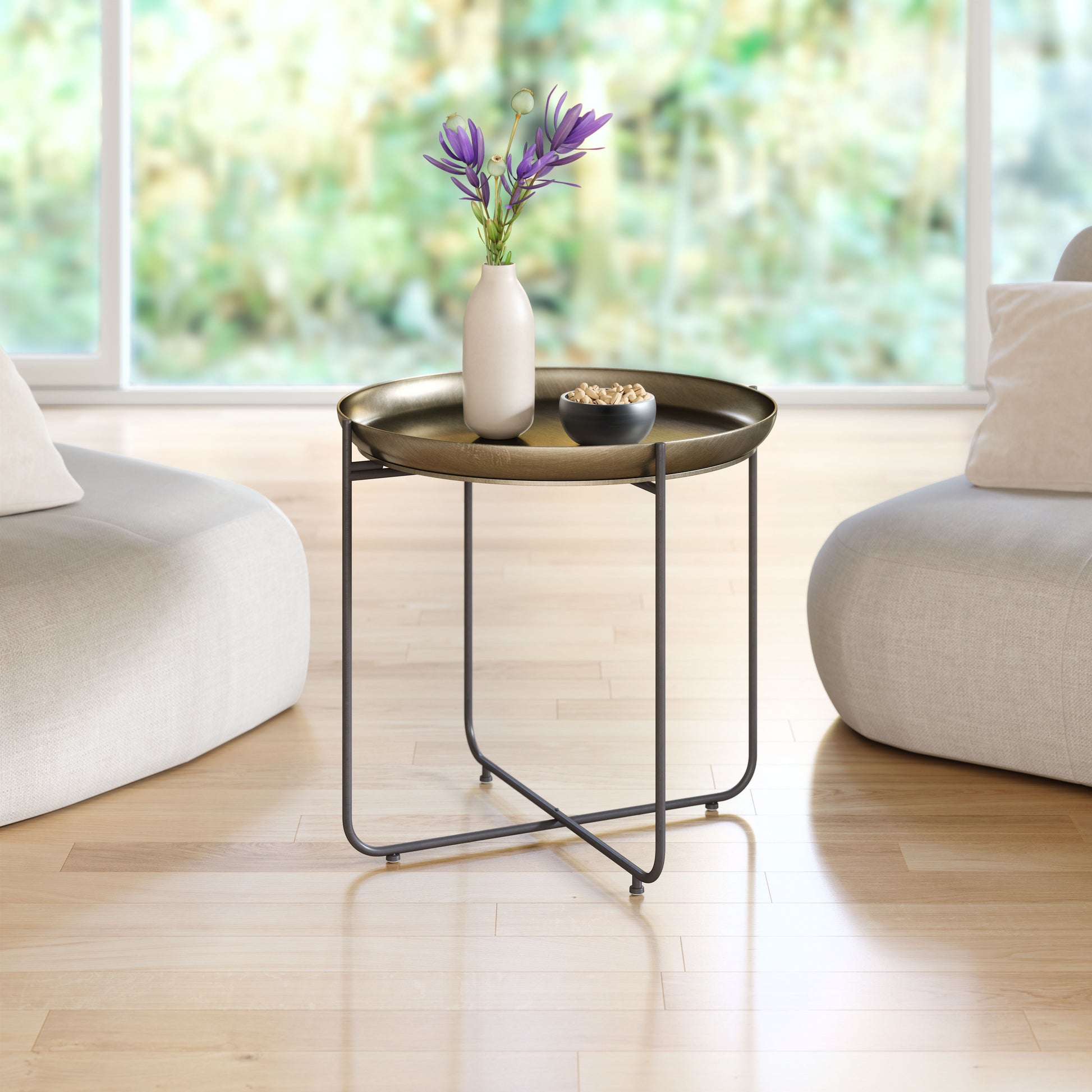 Bronson bronze side table by Zuo featuring an industrial design with a sturdy metal frame and a sleek bronze finish.