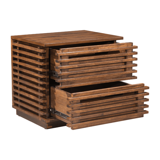 Walnut Linea end table by Zuo featuring a sleek design, perfect as a nightstand in modern bedroom decor.