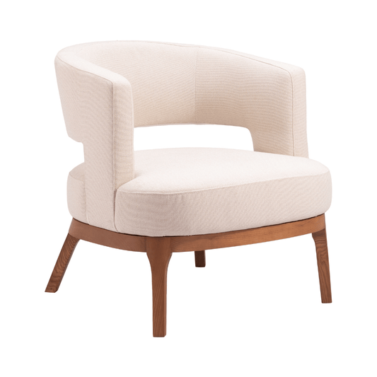 Beige Penryn Accent Chair by Zuo with sculptural modern design, fabric upholstery, and armchair style for contemporary living spaces.