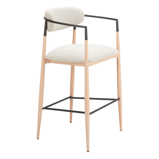 Oyster gray and natural Zuo Equinox barstool with a modern design and wooden legs, showcasing its sleek silhouette.