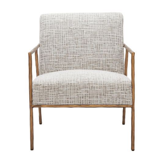 Norrebro Accent Chair by Zuo with beige frost fabric and sculptural steel frame, showcasing modern, stylish seating.
